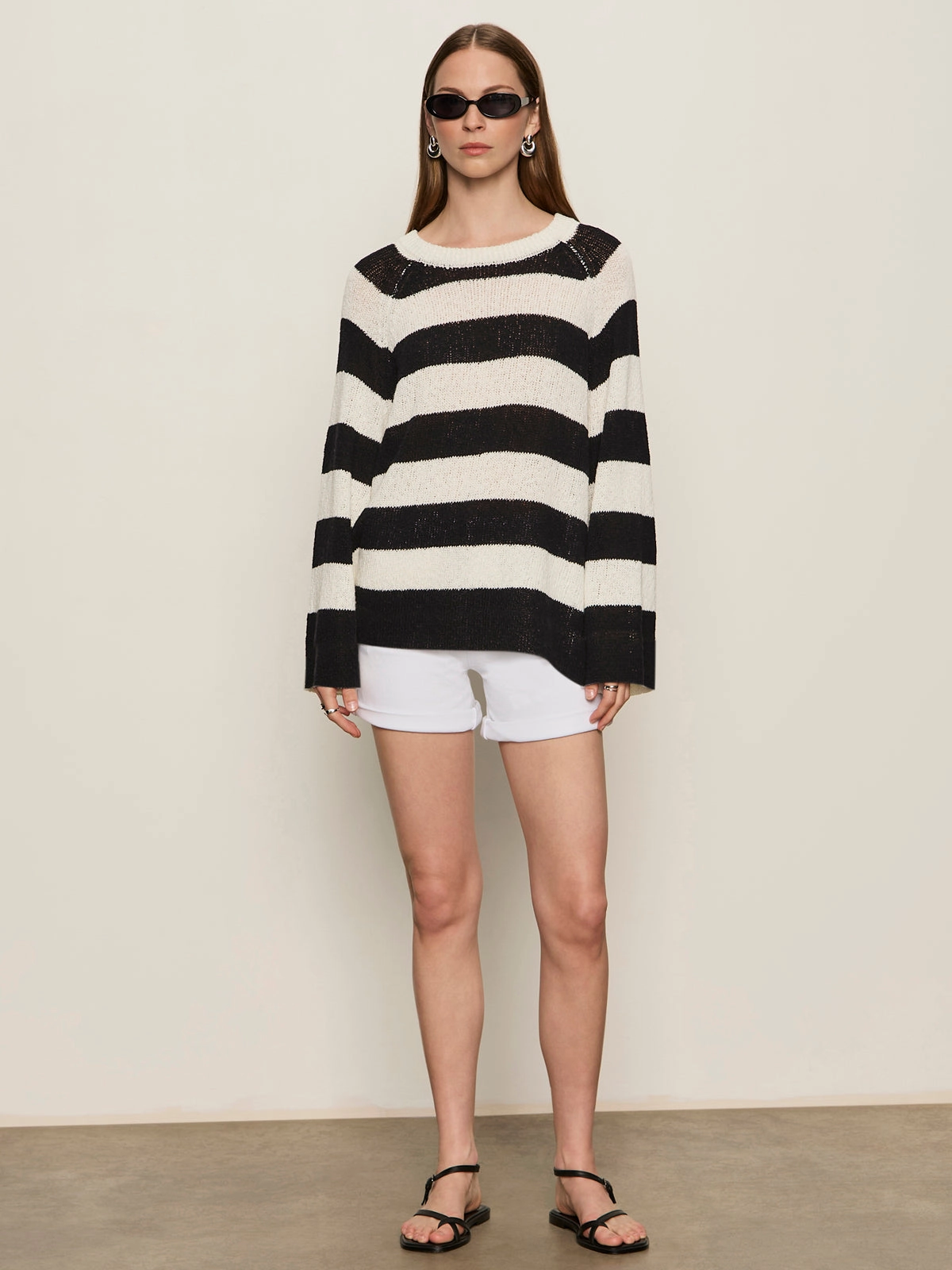 Circular Knit Pattern Textured Raglan Crew Sweater Chalk/ Black Stripe