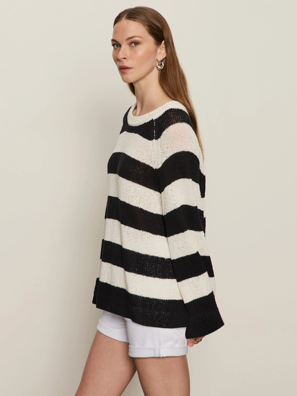 Textured Raglan Crew Sweater Chalk/ Black Stripe Chunky Cable Knit