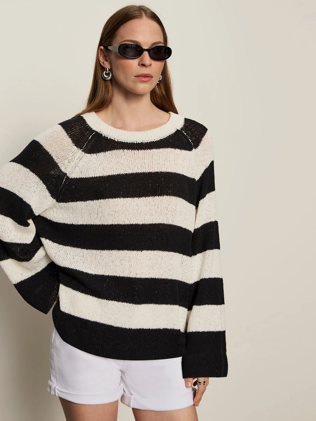 Textured Raglan Crew Sweater Chalk/ Black Stripe Layer Comfort Non Restrictive Silhouette