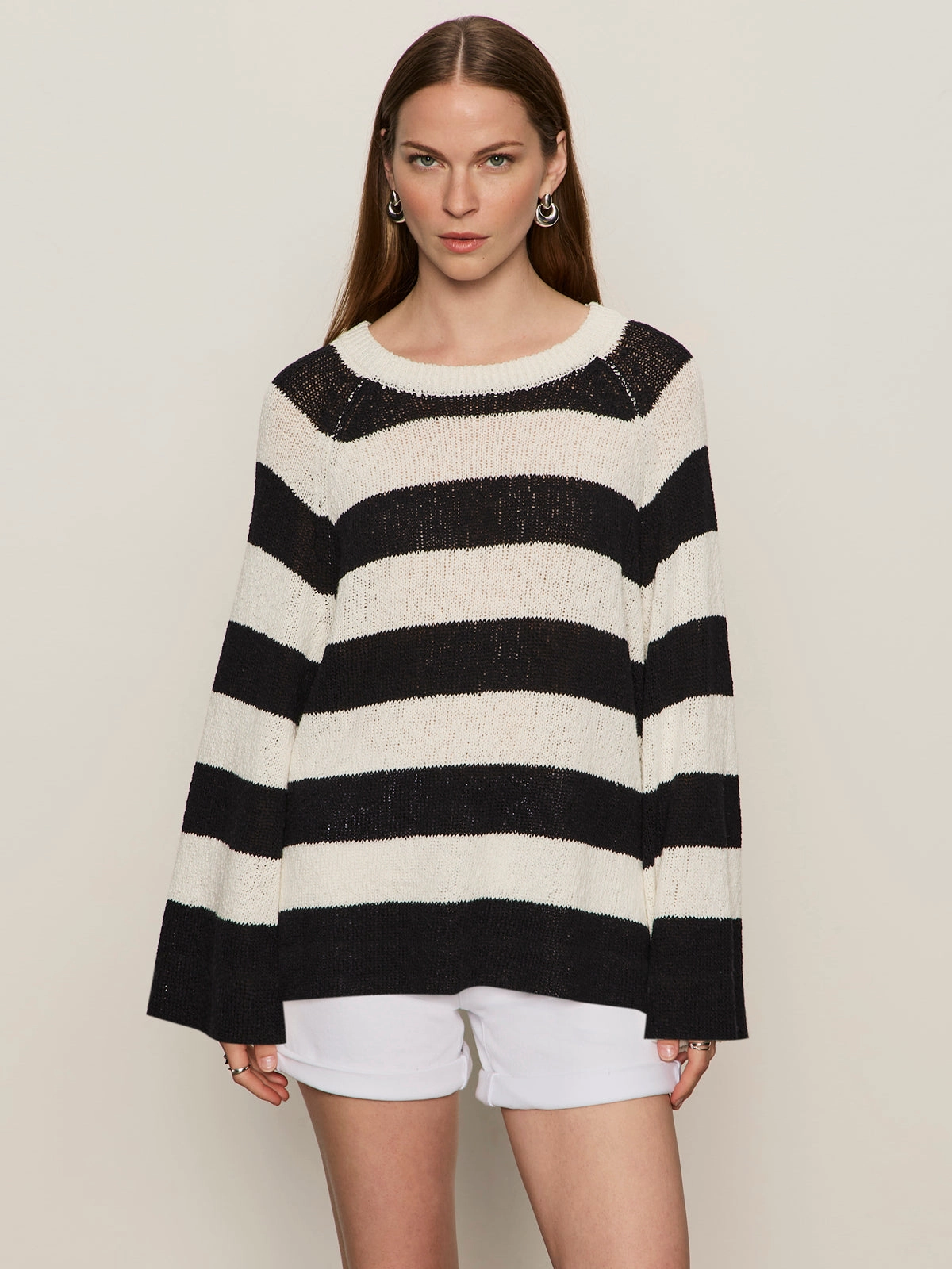 Textured Raglan Crew Sweater Chalk/ Black Stripe No-Fuss Look Reinforced Neckline Stitching