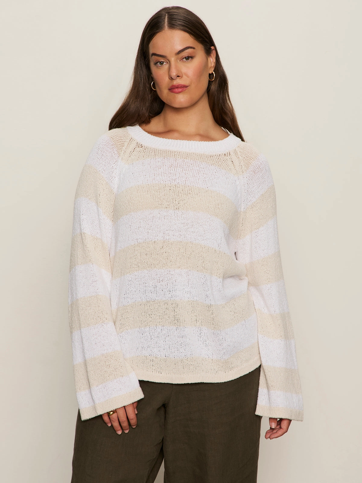 Soft Palette Textured Raglan Crew Sweater White/ Light Oat Stripe Extended Sizing