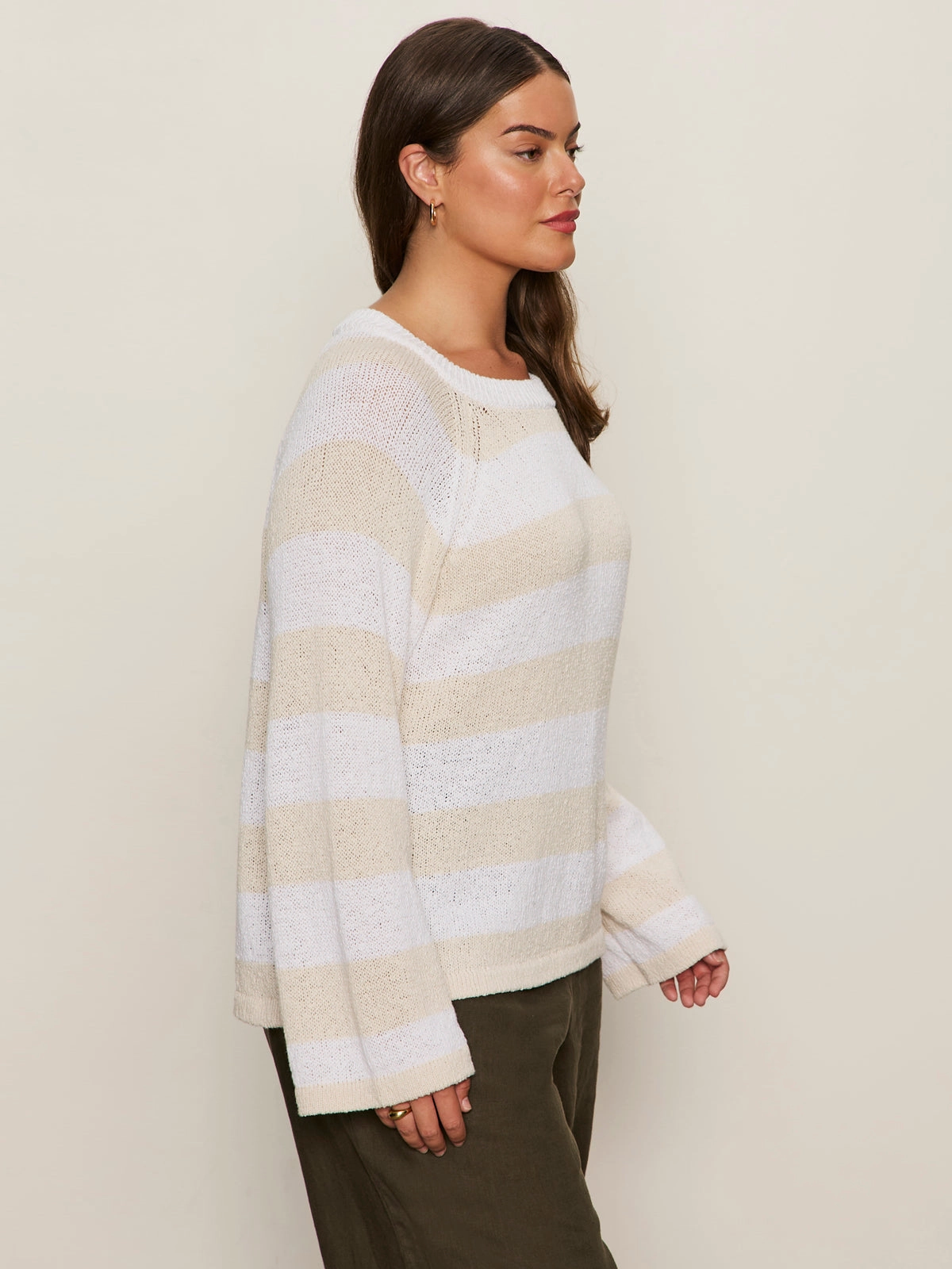 Non Chlorine Bleach Safe Textured Raglan Crew Sweater White/ Light Oat Stripe Extended Sizing