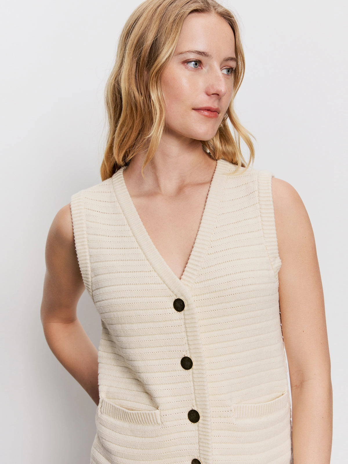 Textured Sweater Vest Macrame Reflective Yarn Accent Chic Comforted