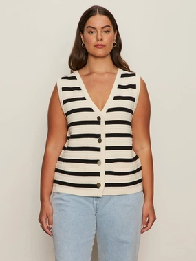 Textured Sweater Vest Macrame/ Black Stripe 3 Extended Sizing Low Maintenance Knitwear Care No Fuss Textured Sweater Vest Macrame/ Black Stripe 3 Extended Sizing