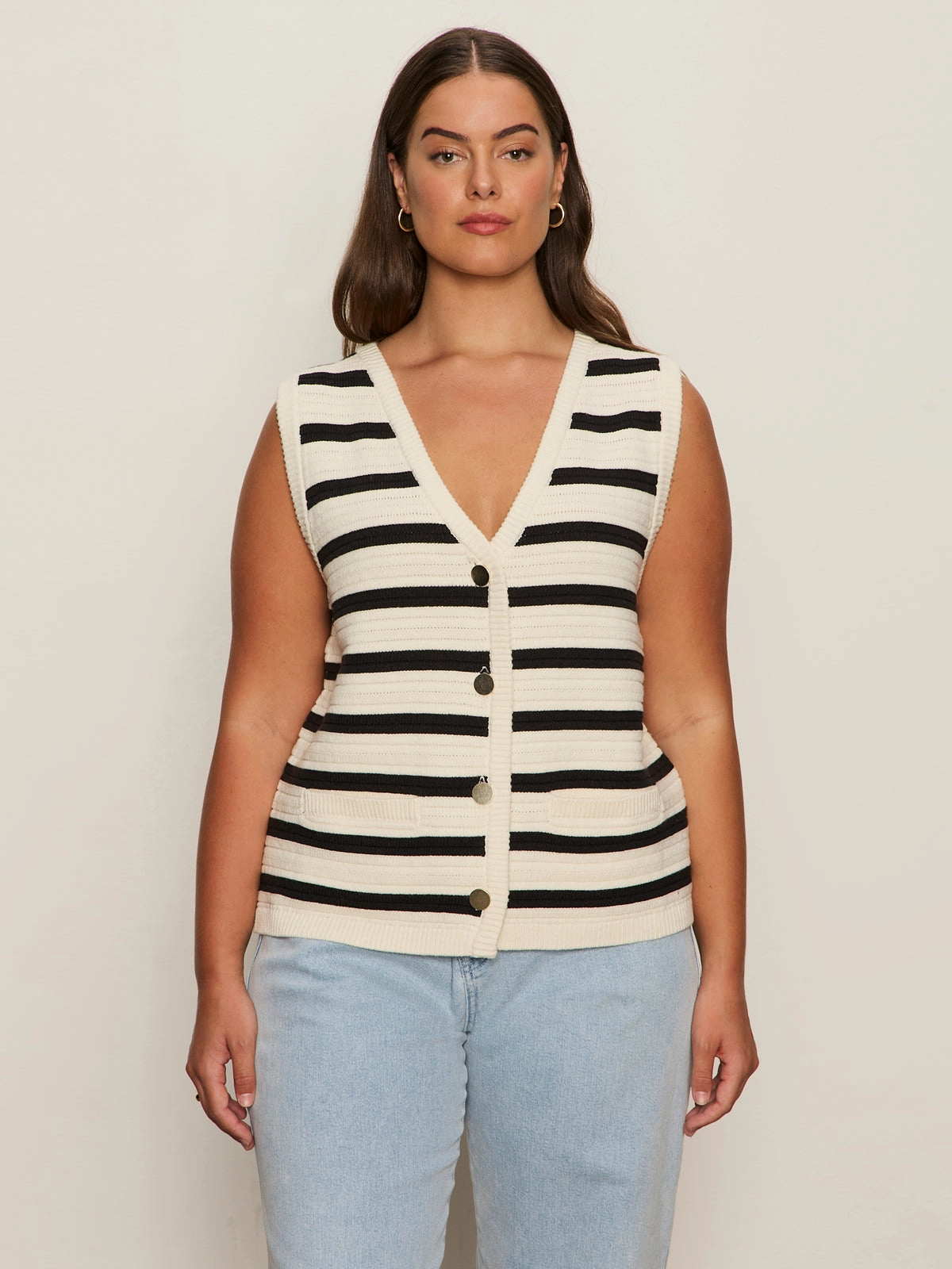 Everyday Coverage Textured Sweater Vest Macrame/ Black Stripe 3 Extended Sizing