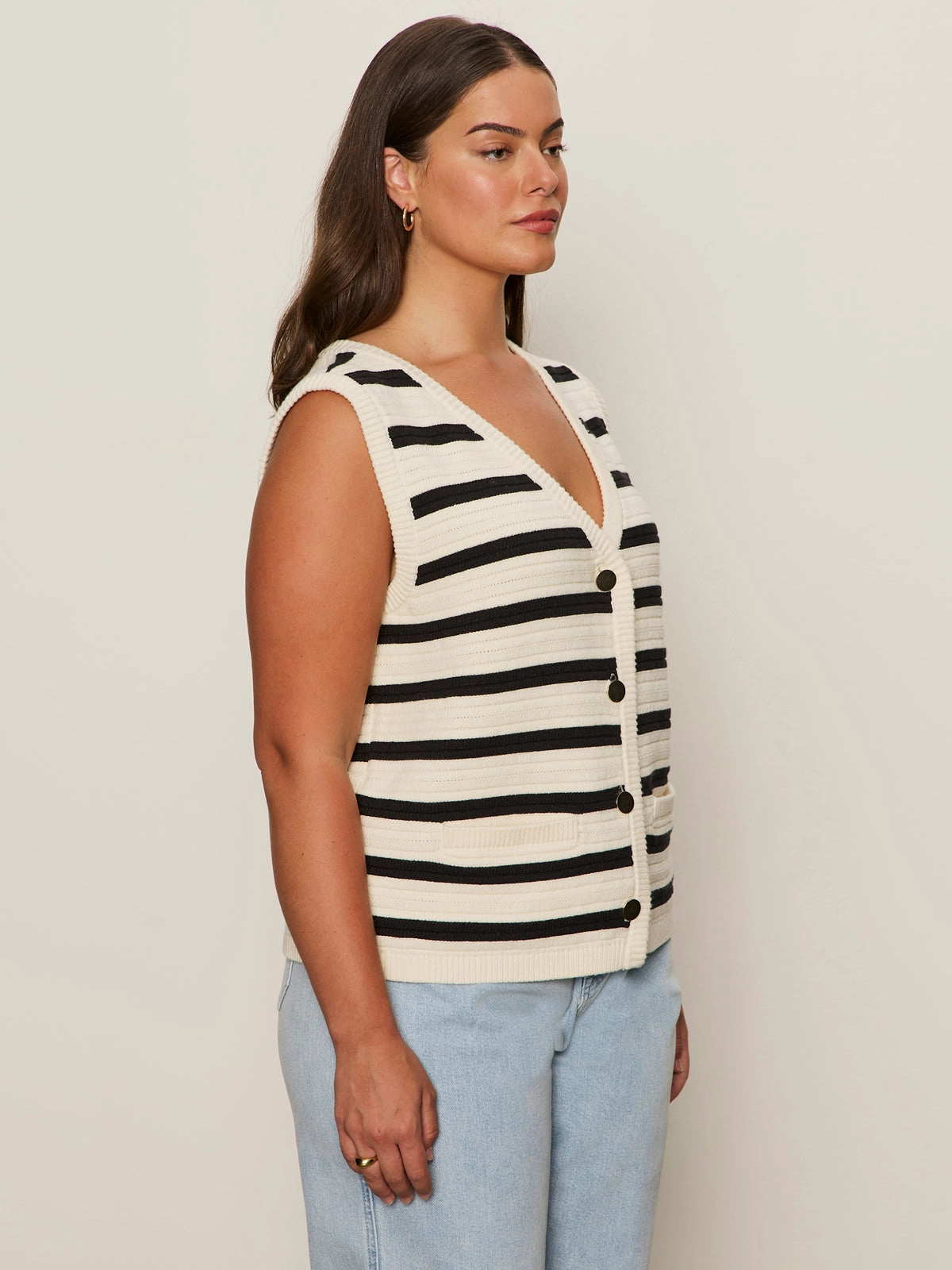 Textured Sweater Vest Macrame/ Black Stripe 3 Extended Sizing Elegant Look