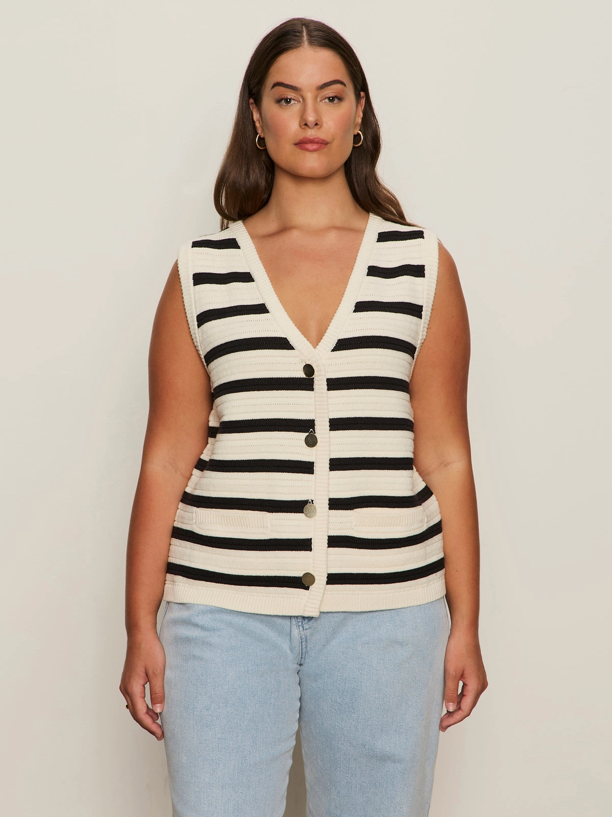 No Fuss Textured Sweater Vest Macrame/ Black Stripe 3 Extended Sizing