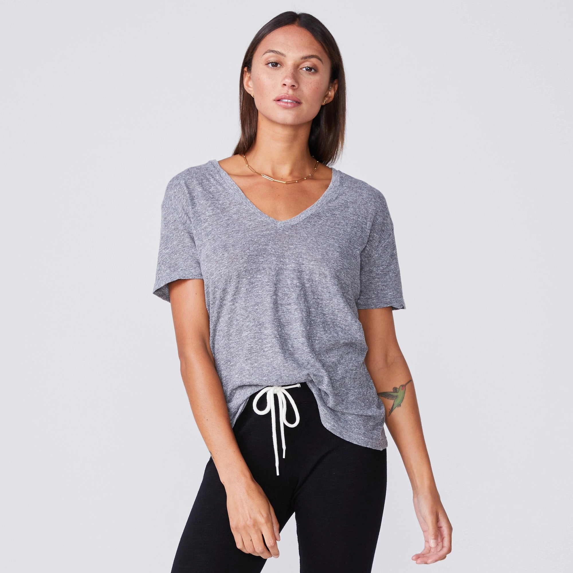 Curved Hemline Textured Tri-Blend Relaxed V Neck Tee
