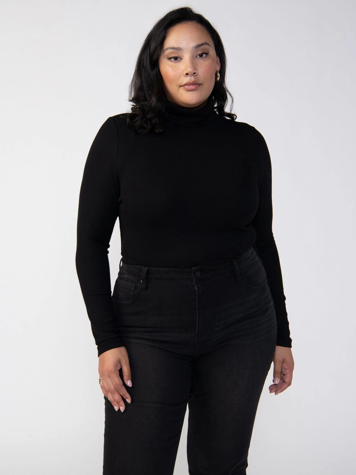 WaffleKnit Texture Essential Turtleneck Top Black Extended Sizing