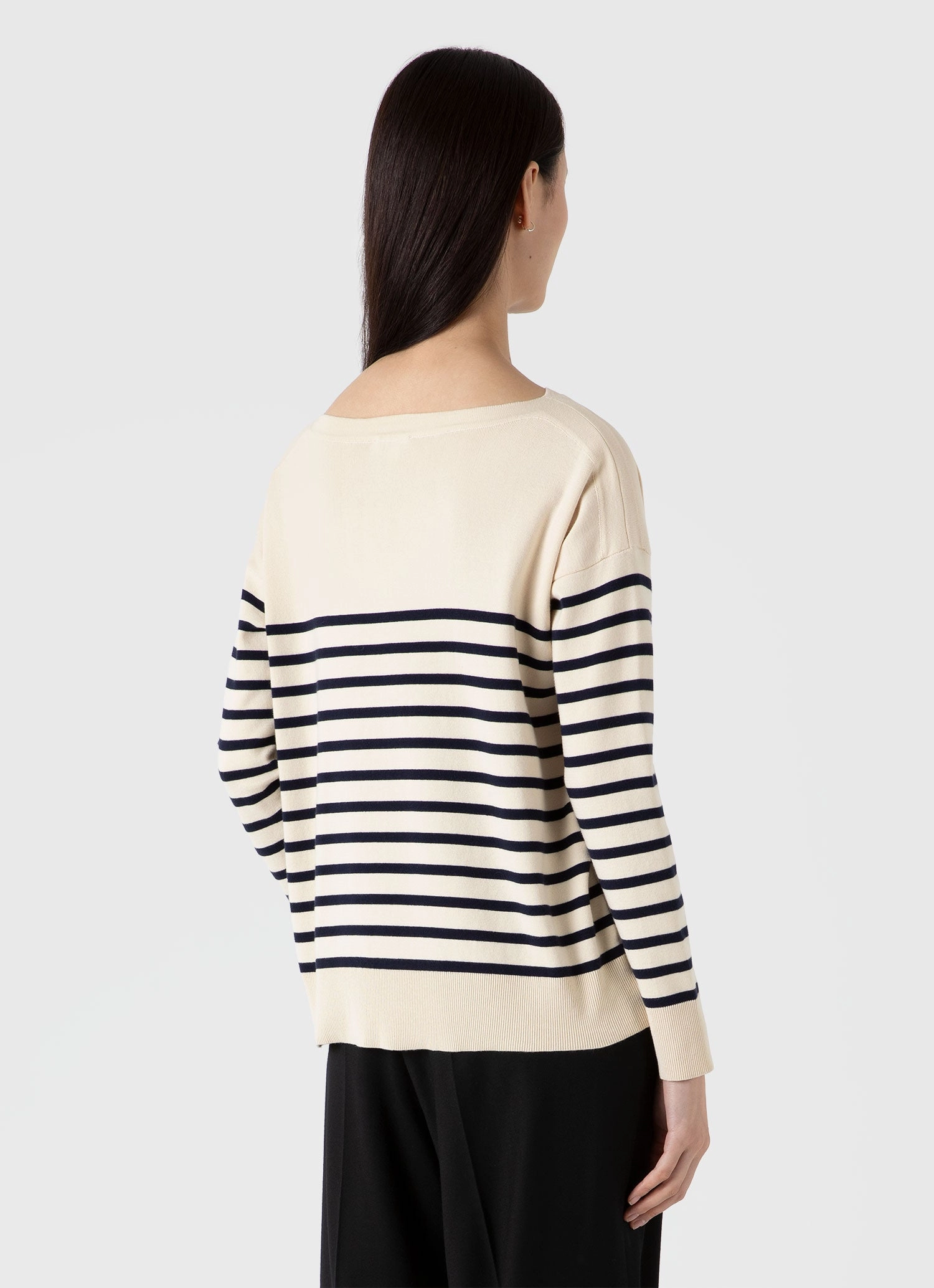 Women's Breton Stripe Jumper in Ecru/Navy Zero Waste Production Surface Pilling Resistant