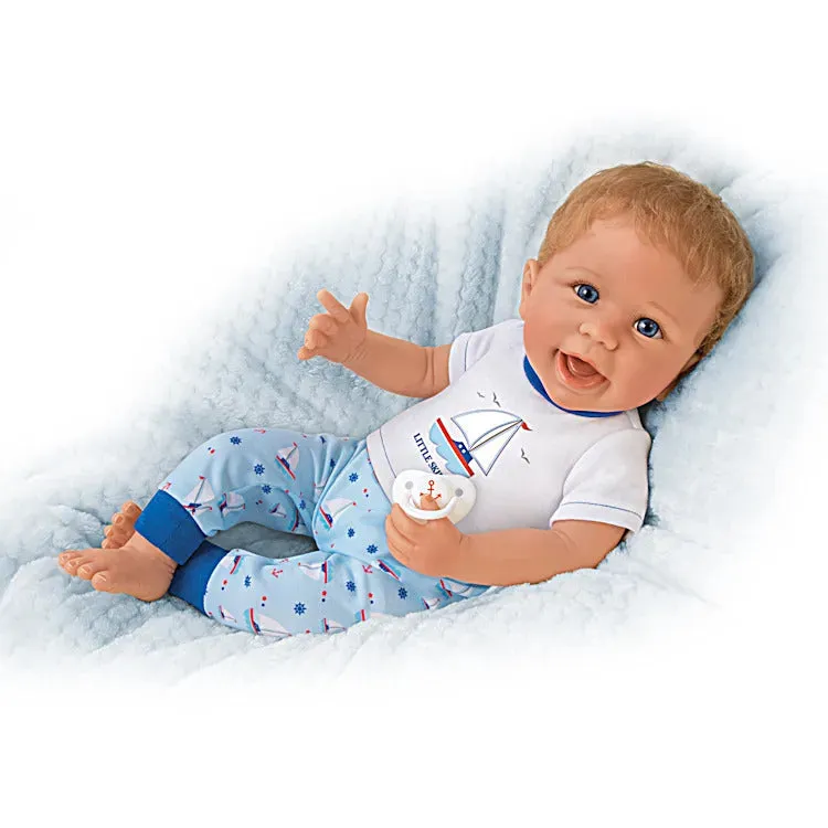 The Ashton - Drake Galleries Little Skipper Lifelike So Truly Real® Baby Boy Doll Weighted Fully Poseable with Magnetic Pacifier and Soft RealTouch® Vinyl Skin by Doll Artist Linda Murray 20"-Inches