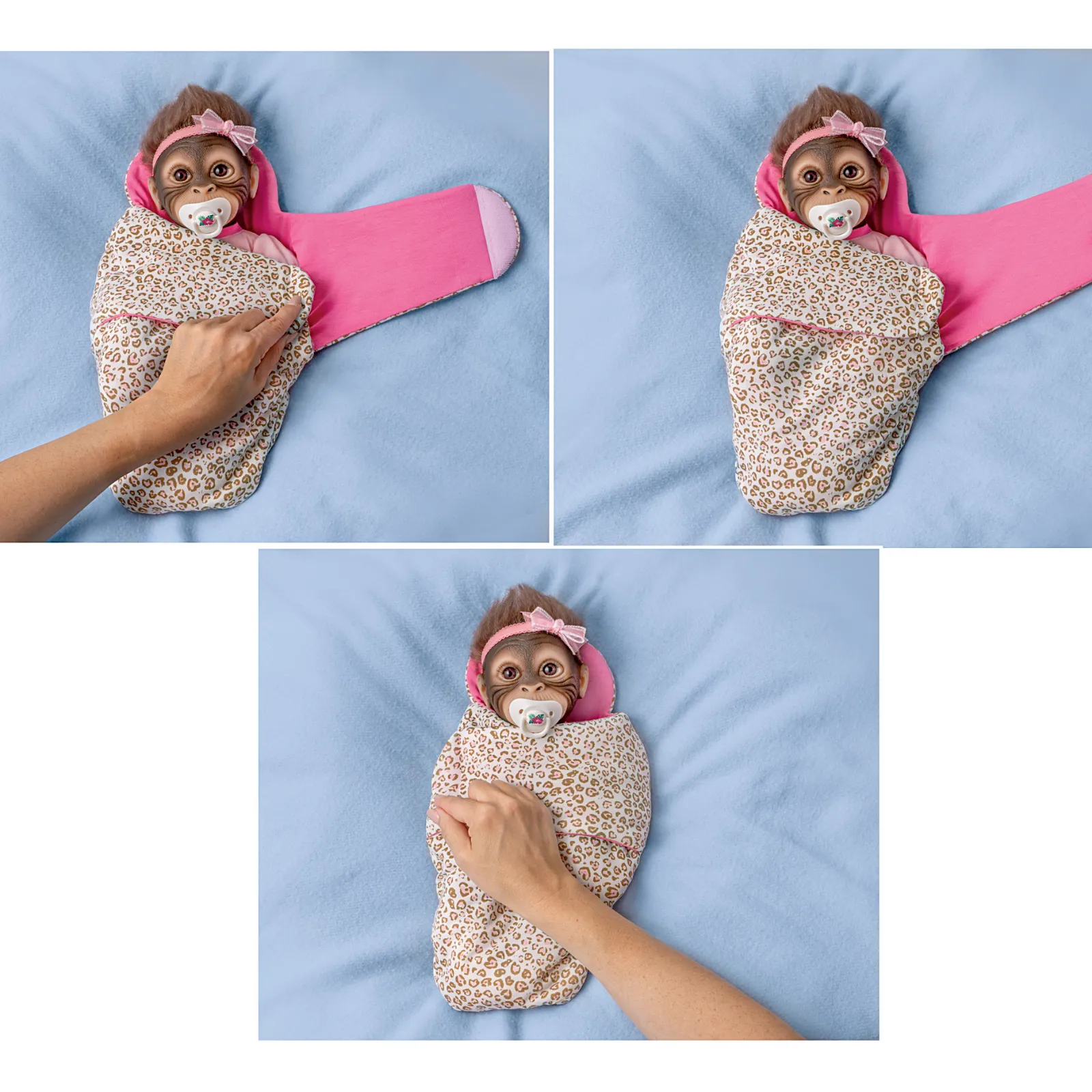 The Ashton - Drake Galleries Snuggle Suri Lifelike Baby Monkey Girl Doll With RealTouch® Vinyl Skin and Weighted Cloth Body Hand Applied Mohair Magnetic Pacifier Leopard Print Bunting 14"-inches