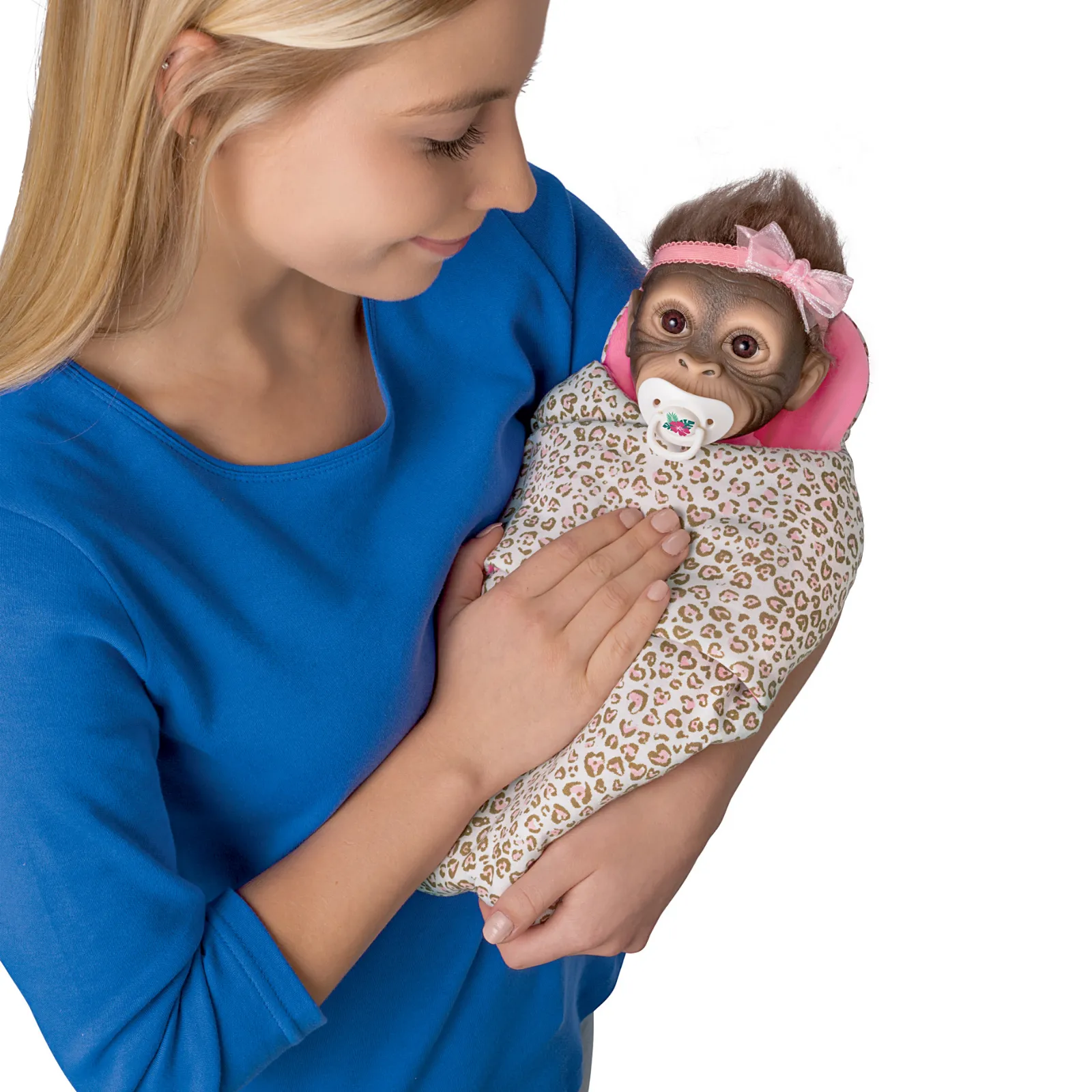 The Ashton - Drake Galleries Snuggle Suri Lifelike Baby Monkey Girl Doll With RealTouch® Vinyl Skin and Weighted Cloth Body Hand Applied Mohair Magnetic Pacifier Leopard Print Bunting 14"-inches
