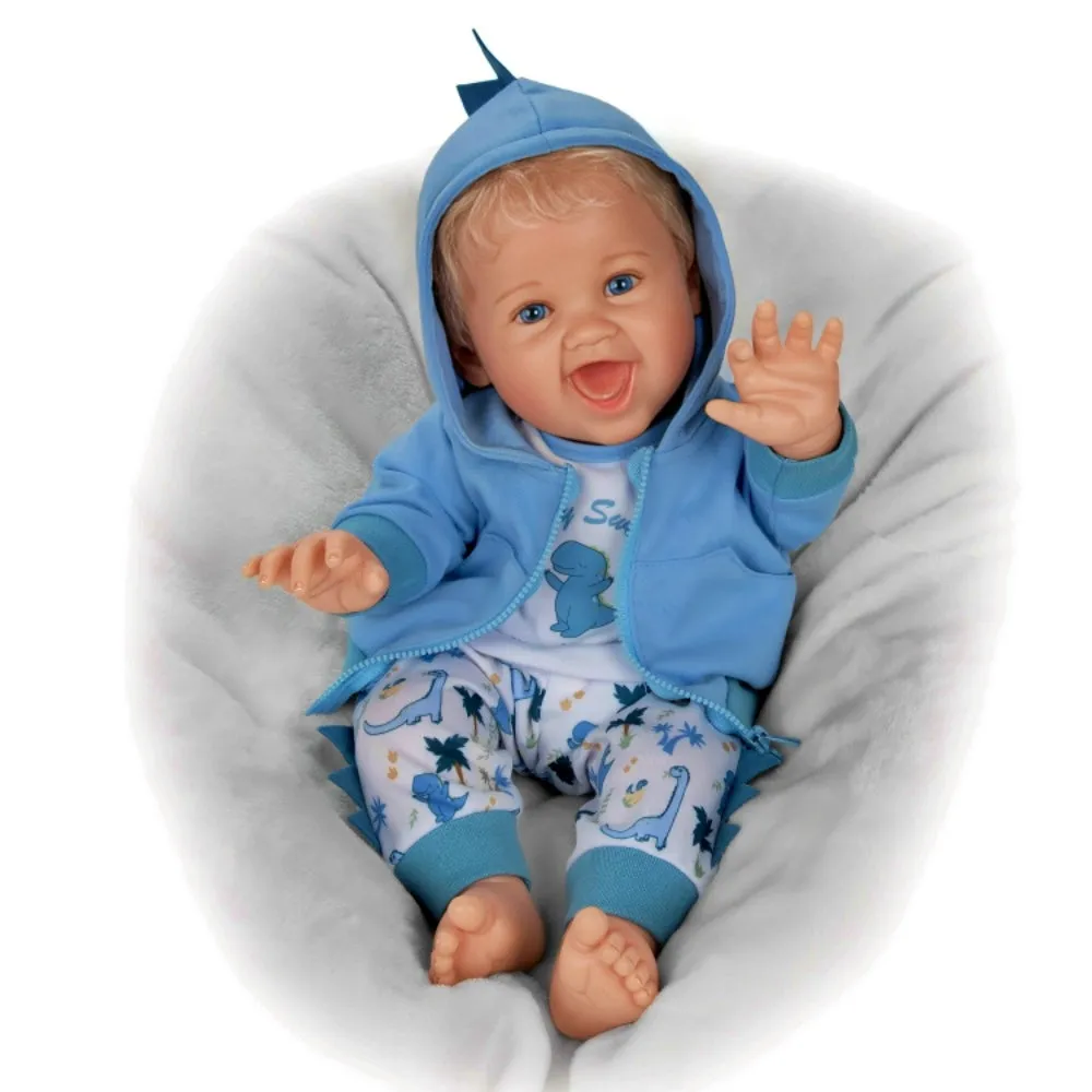 The Ashton-Drake Galleries Sweet Snugglesaurus Baby Collectible Doll Realistic Reborn with RealTouch® Vinyl Giggles and Roars Hand-Rooted Hair Weighted Body and Dinosaur Outfit by Ping Lau 17-inches