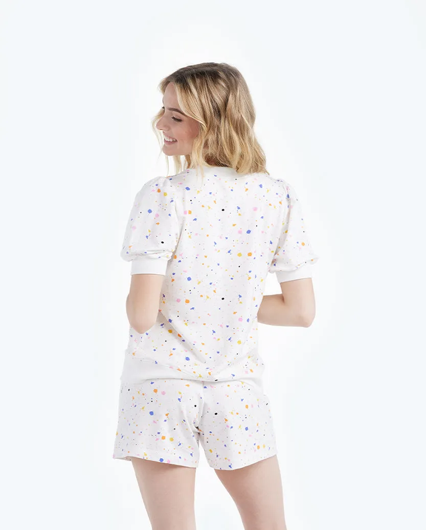 The Softest French Terry Lounge Shorts - Paint Splatter in White Sand