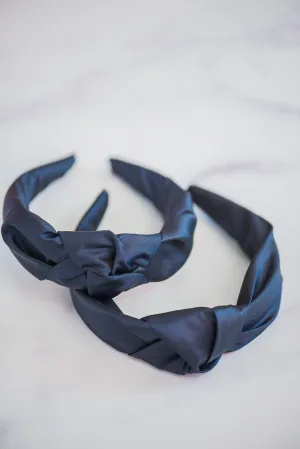 The Tiny Tassel Headband in Navy Satin