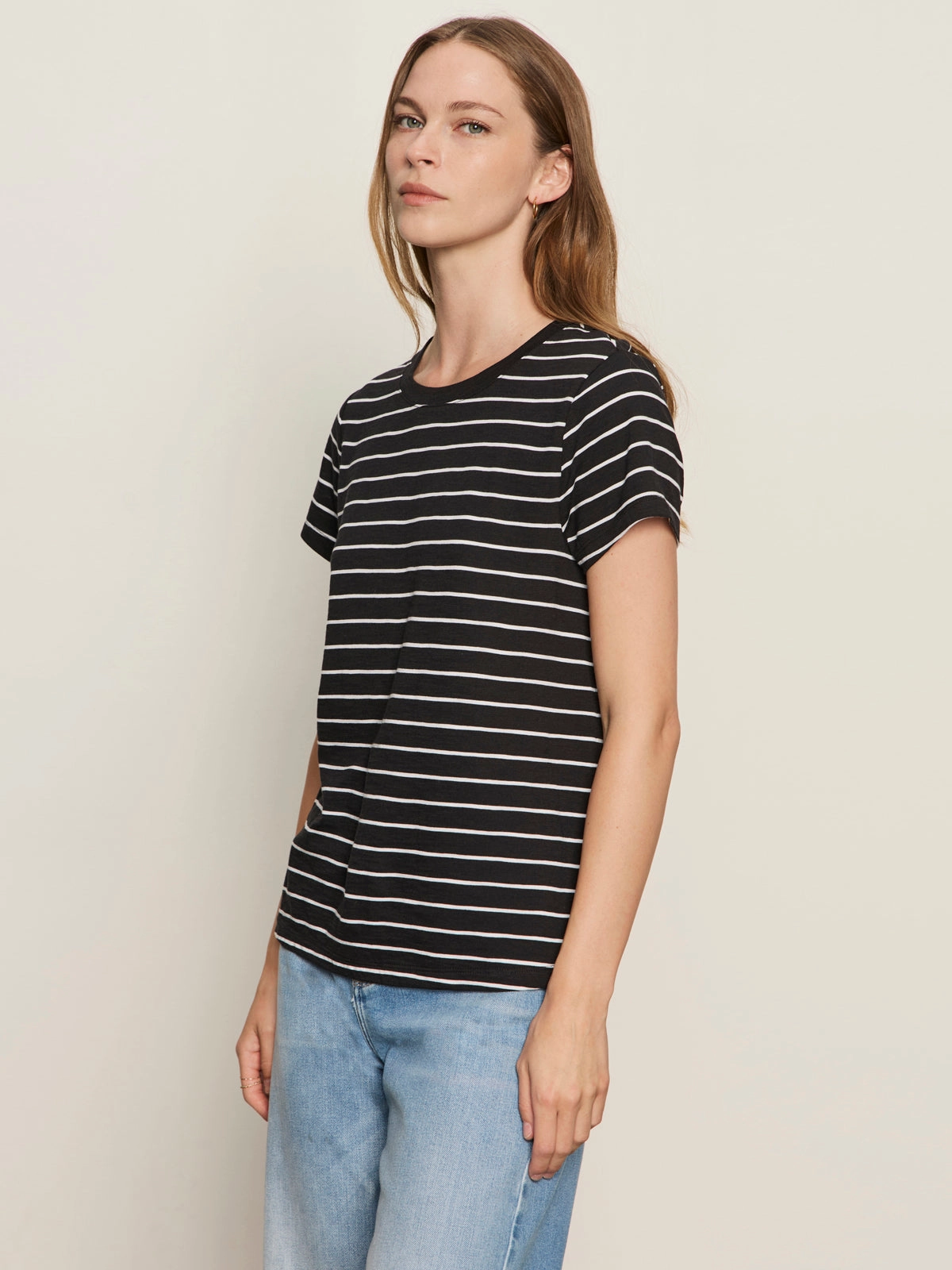 The Perfect Tee White/Black Stripe Breathable knit Pre Shrunk Fabric
