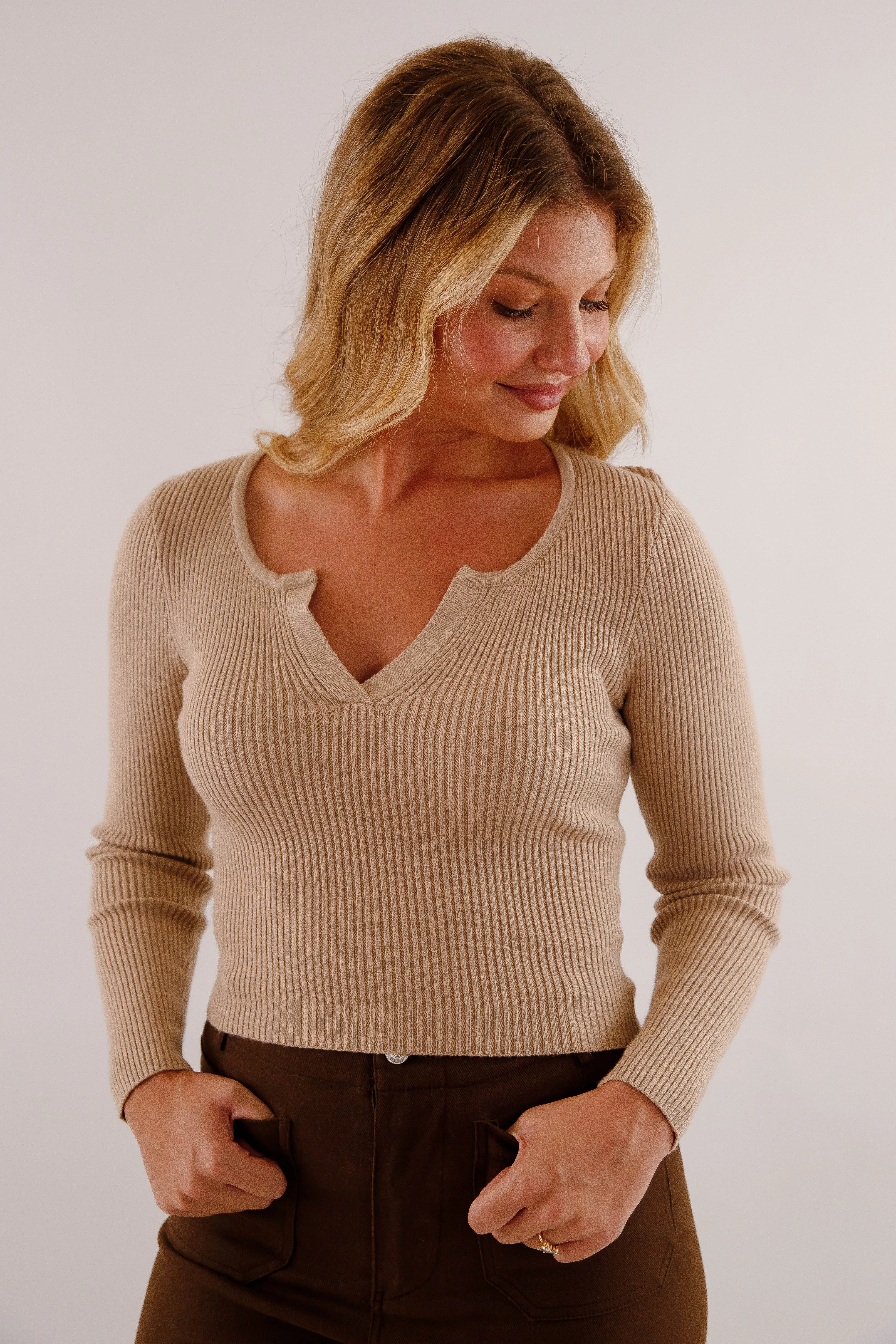 Opening Up Ribbed Top-Taupe Recycled Polyester Fabric Moisture Management