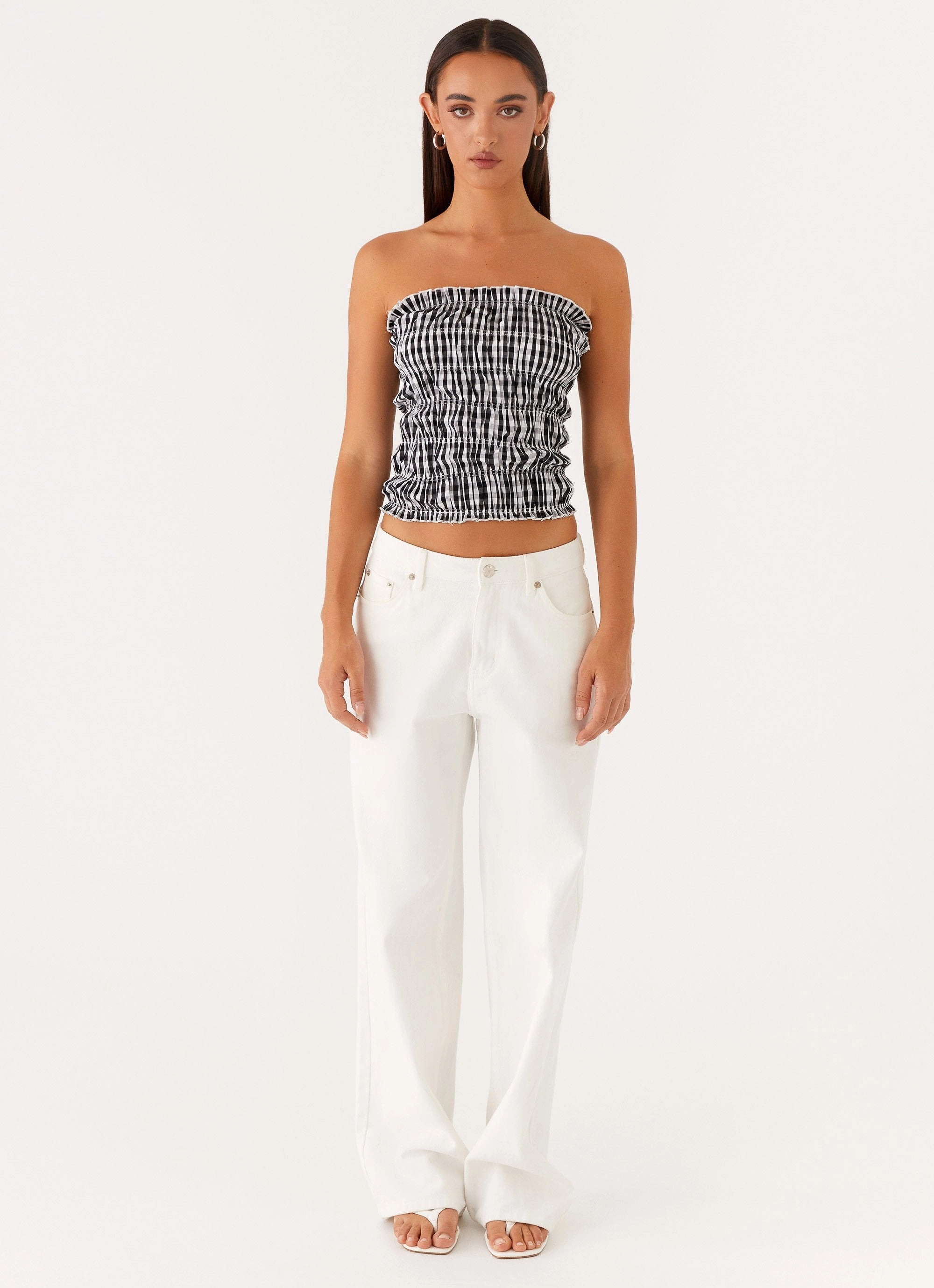 Orion Strapless Ruched Top - Black/White Gingham Everyday Jacket SmoothZipper