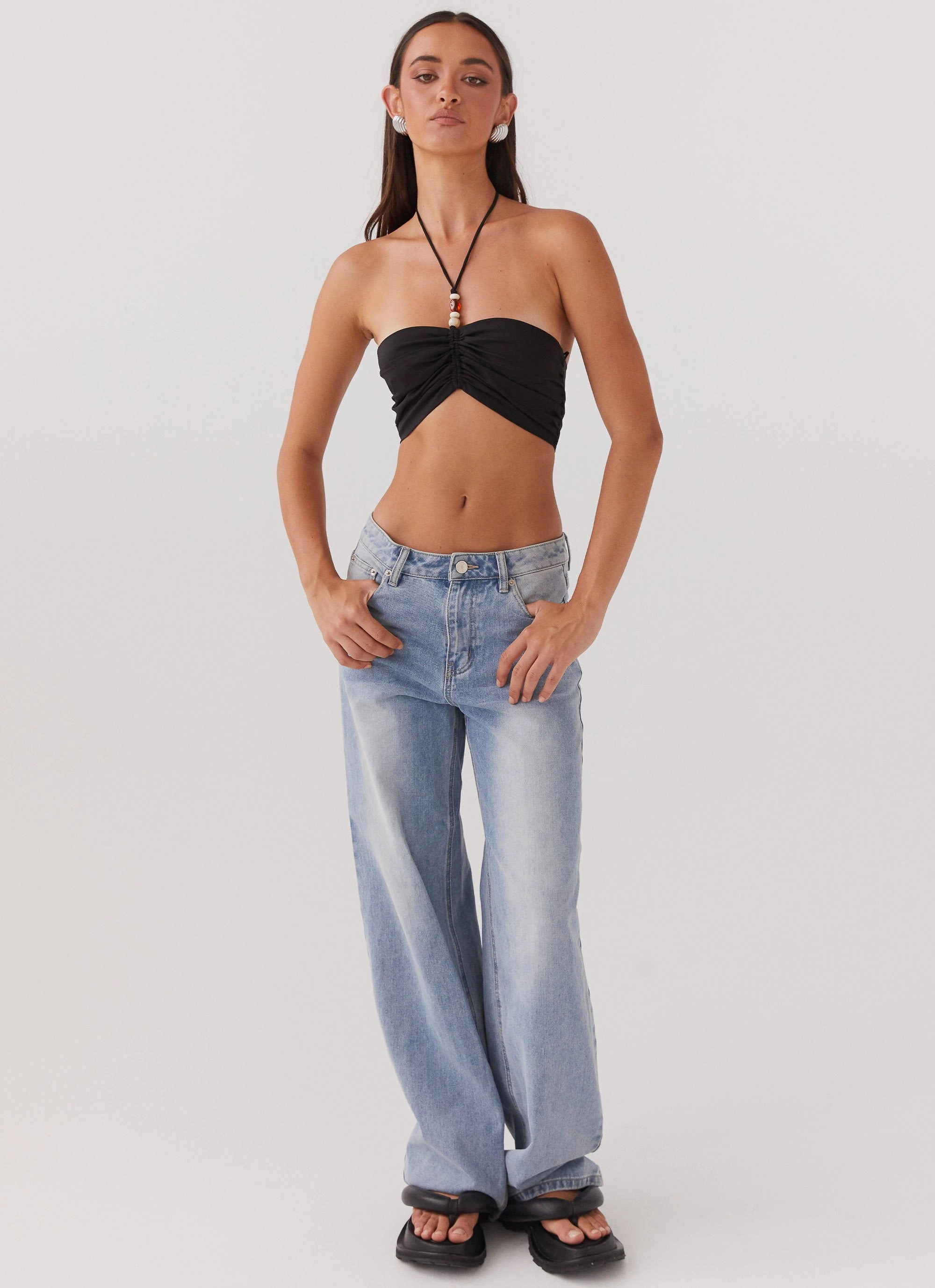 Greta Beaded Top - Black DroppedShoulder