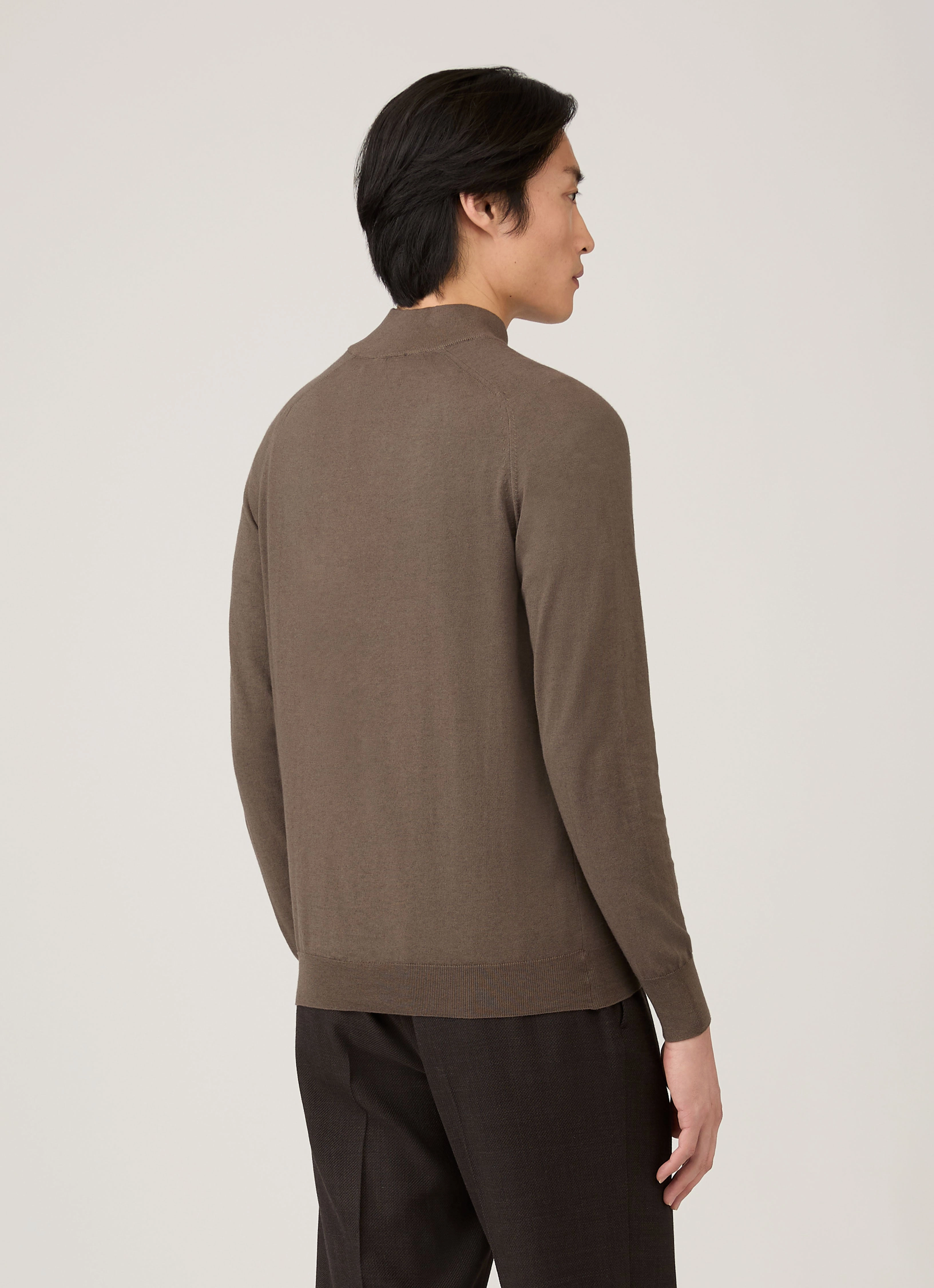 Men's Sea Island Cashmere Half Zip in Bark Natural Feel Compact Knit Technique