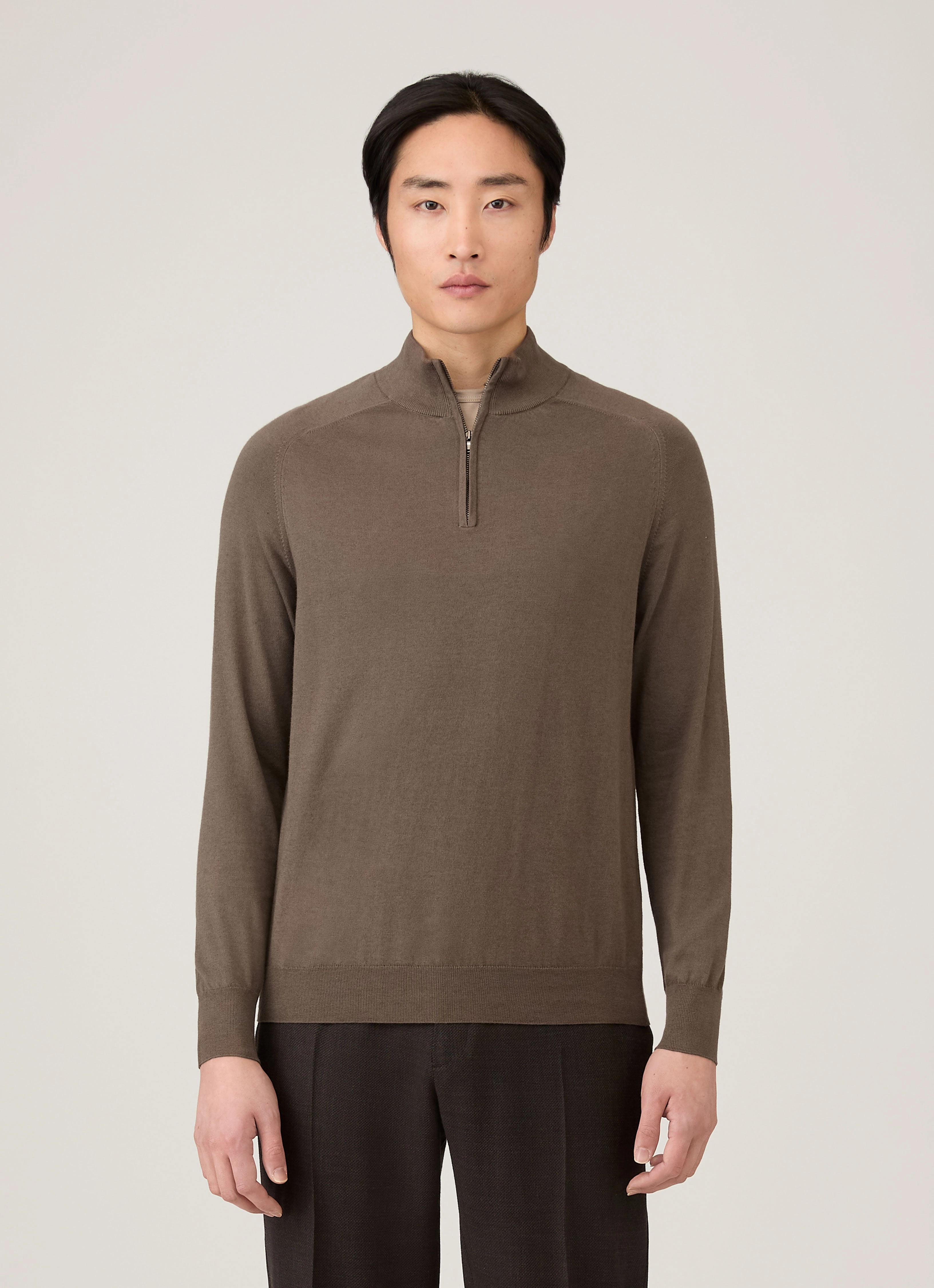 Men's Sea Island Cashmere Half Zip in Bark Daily Layered Daywear Fit
