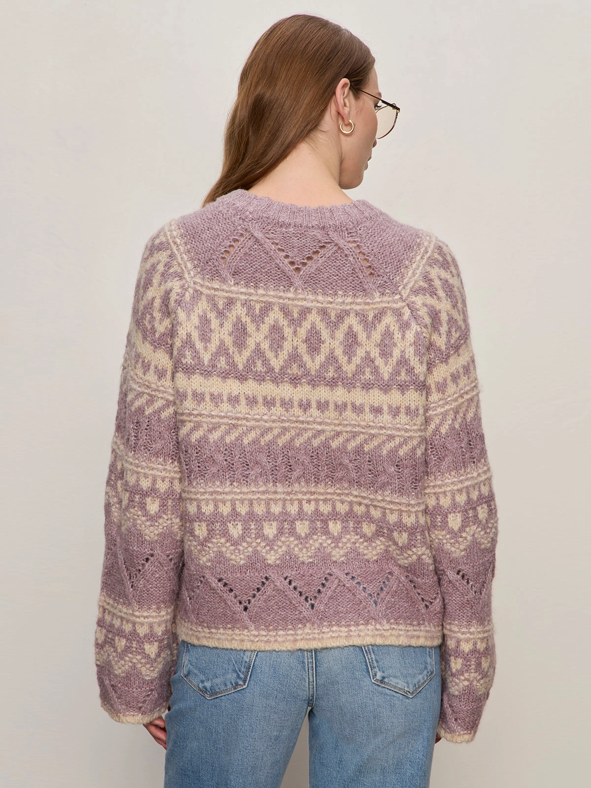 Seasonal Layered Relaxed Cut Fairisle Crew Neck Sweater Twilight Mauve Multi