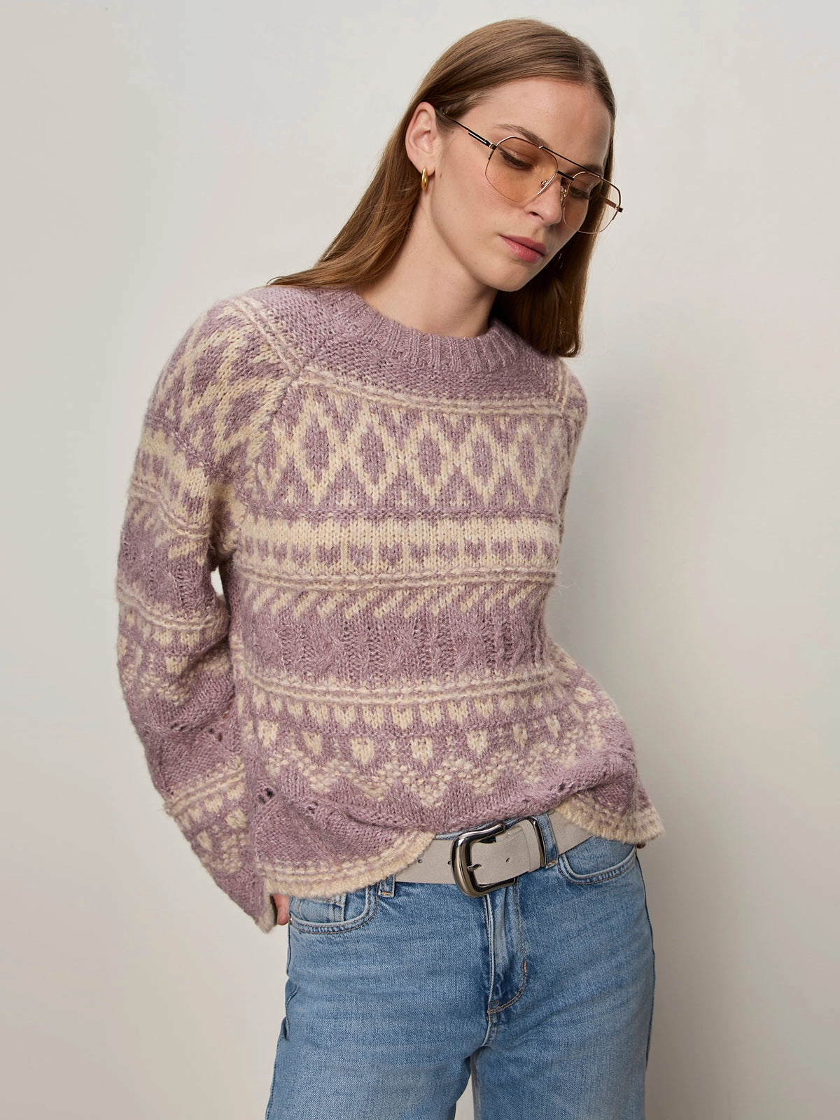 Fairisle Crew Neck Sweater Twilight Mauve Multi Anytime Fit Stretchable Cuffs