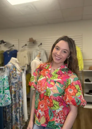 THML Puff Sleeve Flower Print Top
