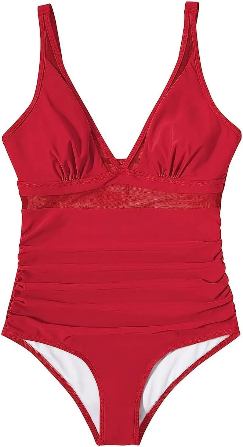 Thong Swimsuits for Women Color Block Swimsuits Plunge Neck Cutout Criss Cross Bathing Suit Slimming Mesh Swimwear