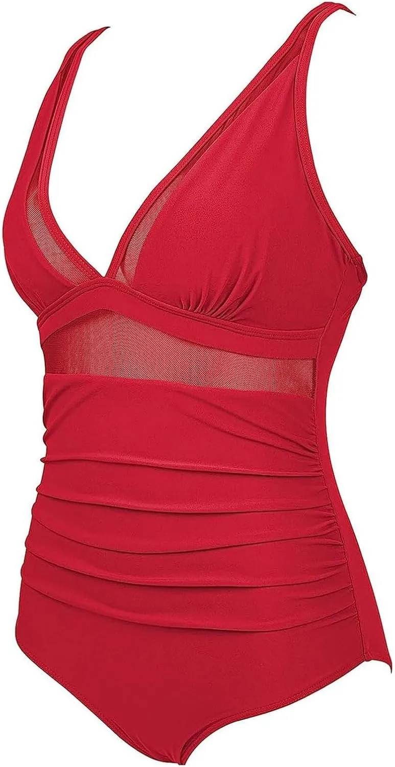 Thong Swimsuits for Women Color Block Swimsuits Plunge Neck Cutout Criss Cross Bathing Suit Slimming Mesh Swimwear