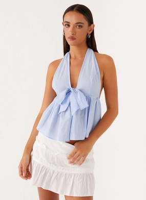 ThumbholeCuff On Repeat Halter Top - Blue Stripe Flattering Drape SweatGuard Lining On Repeat Halter Top - Blue Stripe