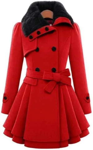 TIAFORD Women's Winter Double Breasted Faux Fur Lapel Wool Trench Coat A-Line Mid-Length Belted Peacoat Jacket