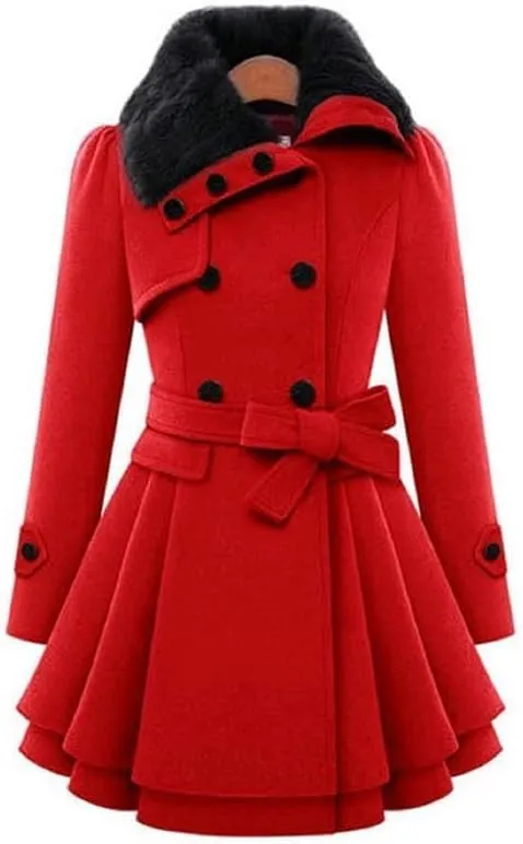 TIAFORD Women's Winter Double Breasted Faux Fur Lapel Wool Trench Coat A-Line Mid-Length Belted Peacoat Jacket