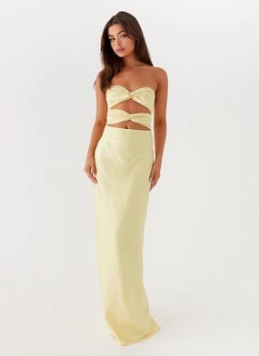 Tianna Strapless Maxi Dress - Yellow Lace Up Front Shimmer-Finish New York Tianna Strapless Maxi Dress - Yellow