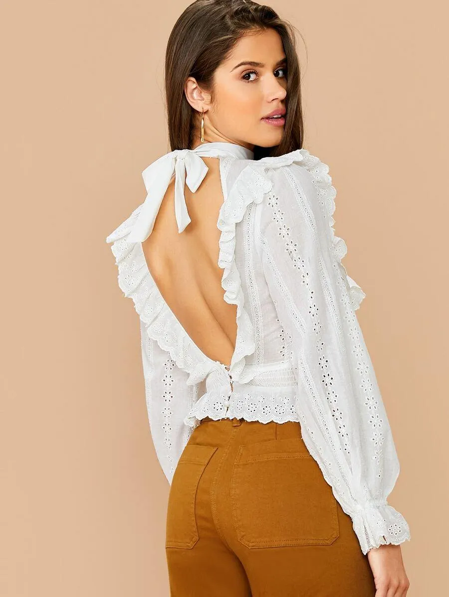 Tied Open Back Ruffle Trim Schiffy Top