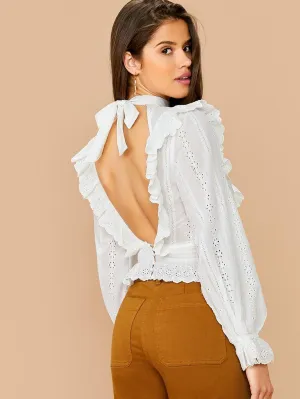 Tied Open Back Ruffle Trim Schiffy Top