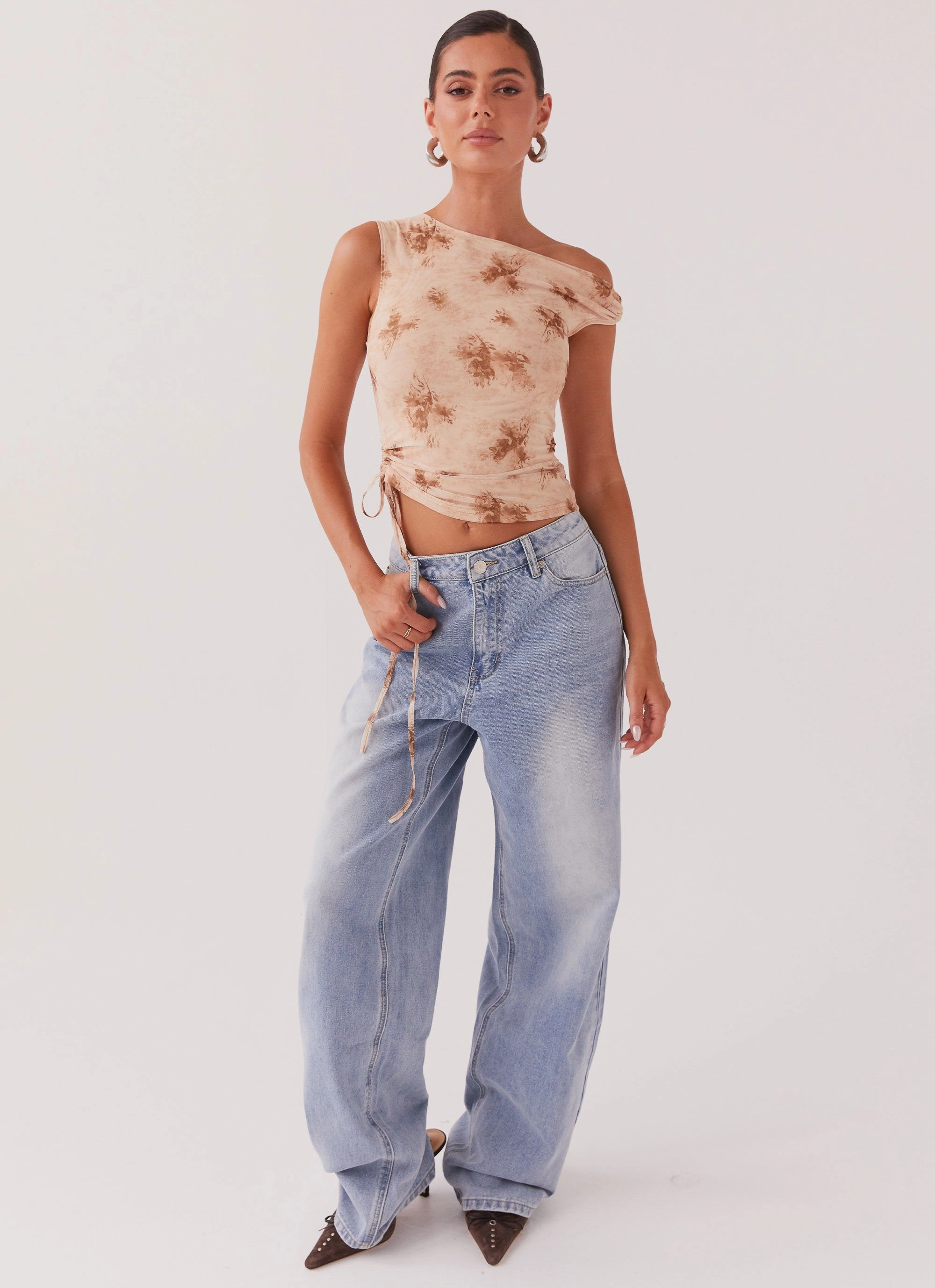 Anti Pill Surface Til Sunrise Off The Shoulder Top - Taupe Smoke