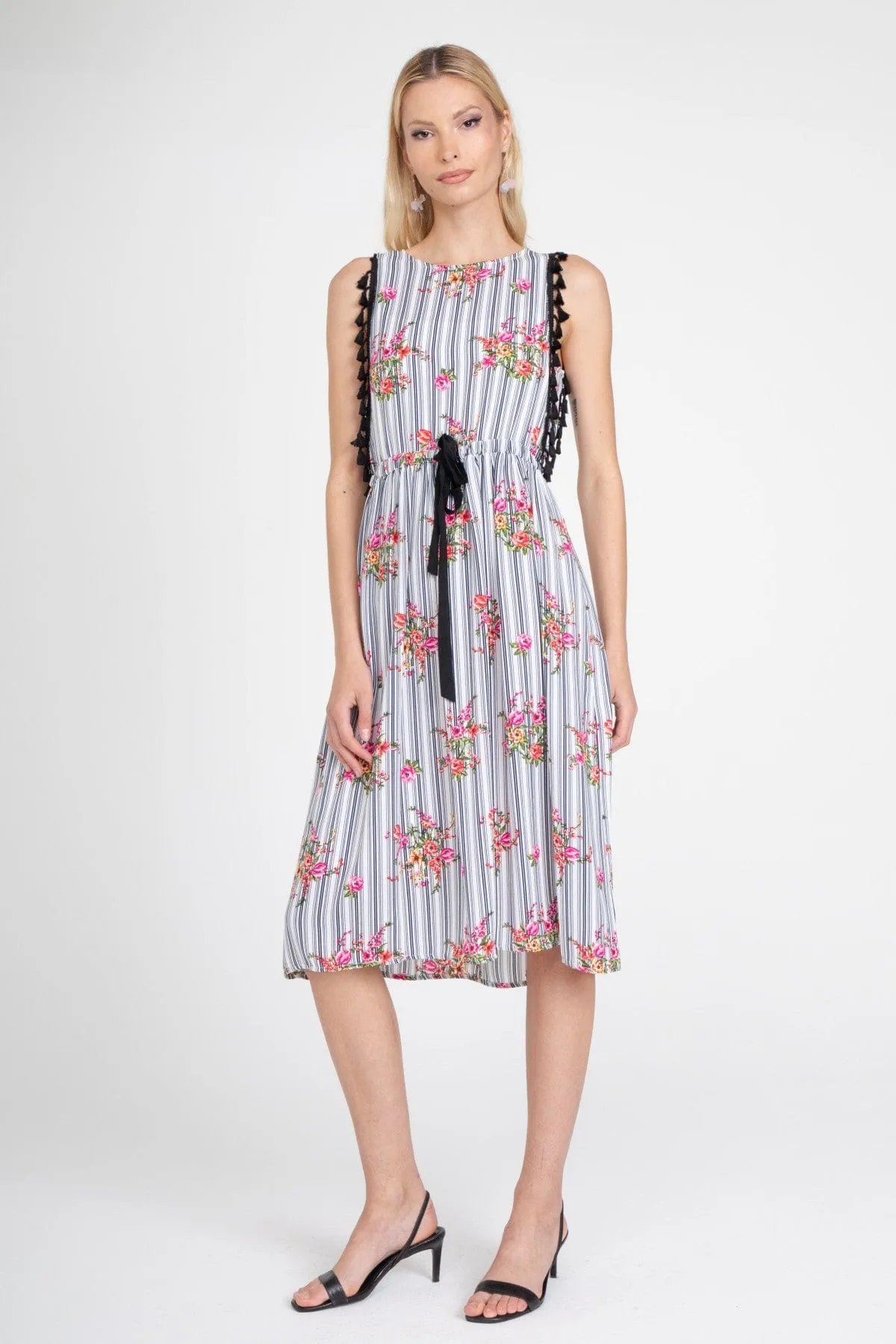 Brunch Glow Stylish Cut Stripe Tassle Midi Dress