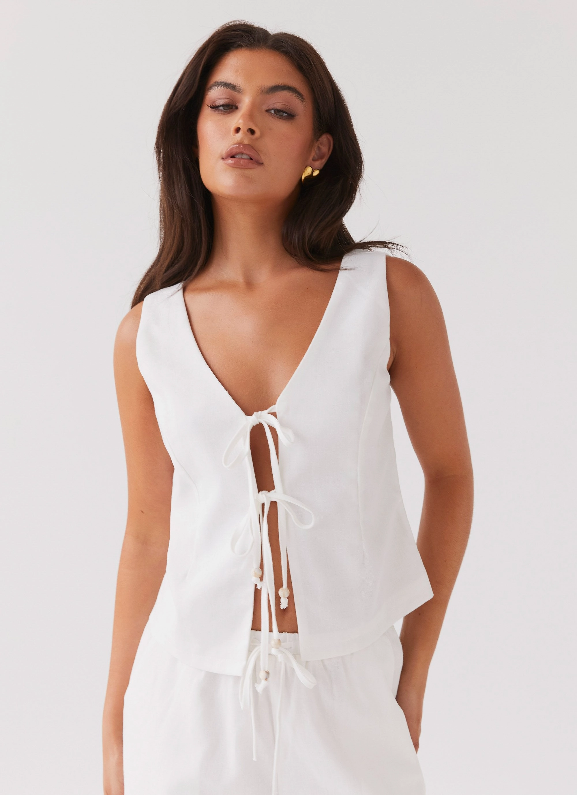 Tina Linen Vest Top - White Activewear Top