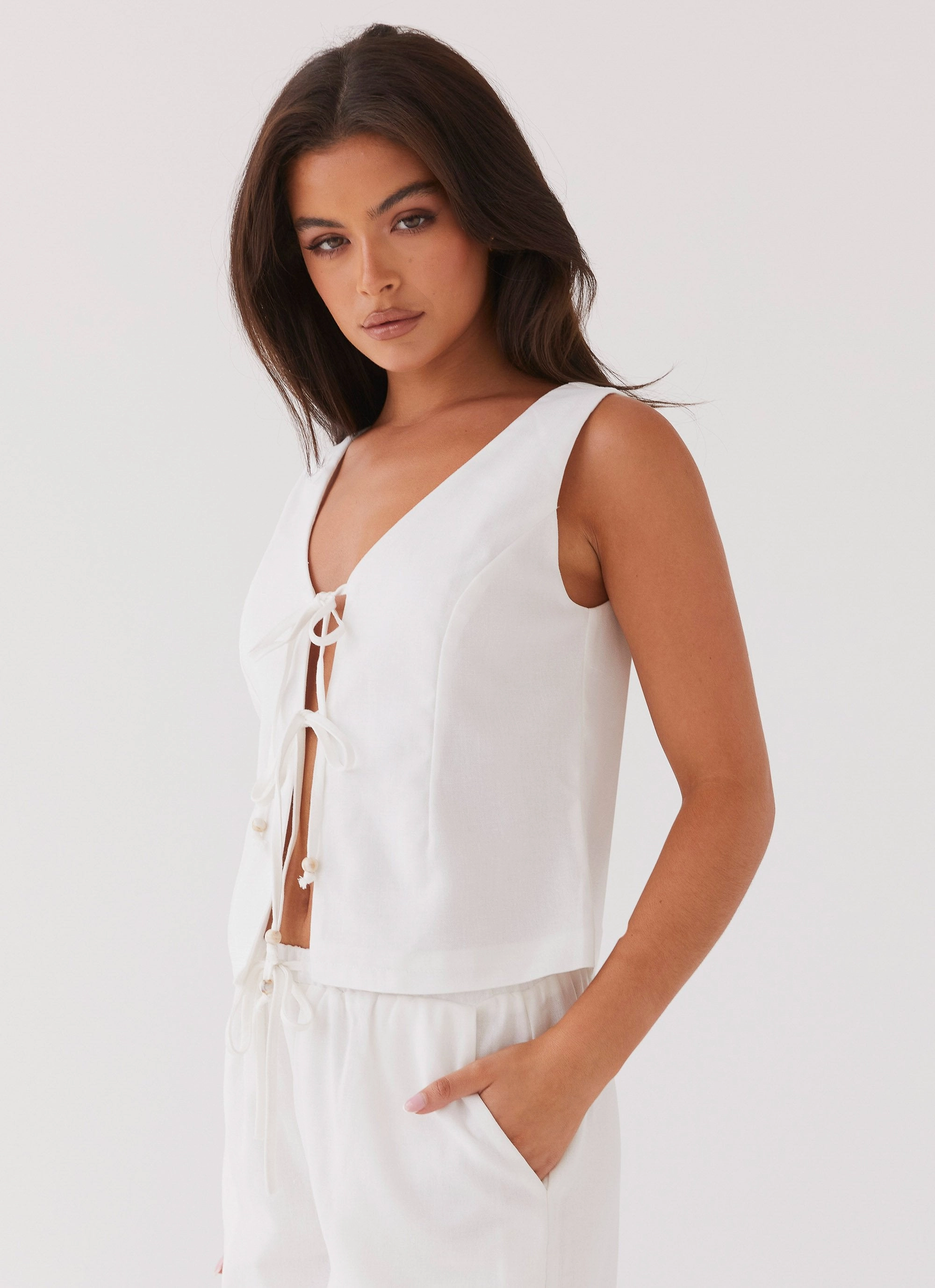 Tina Linen Vest Top - White Convertible Style