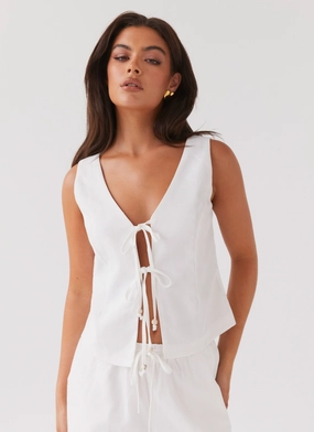 Tina Linen Vest Top - White FlatlockStitching Tina Linen Vest Top - White Activewear Top