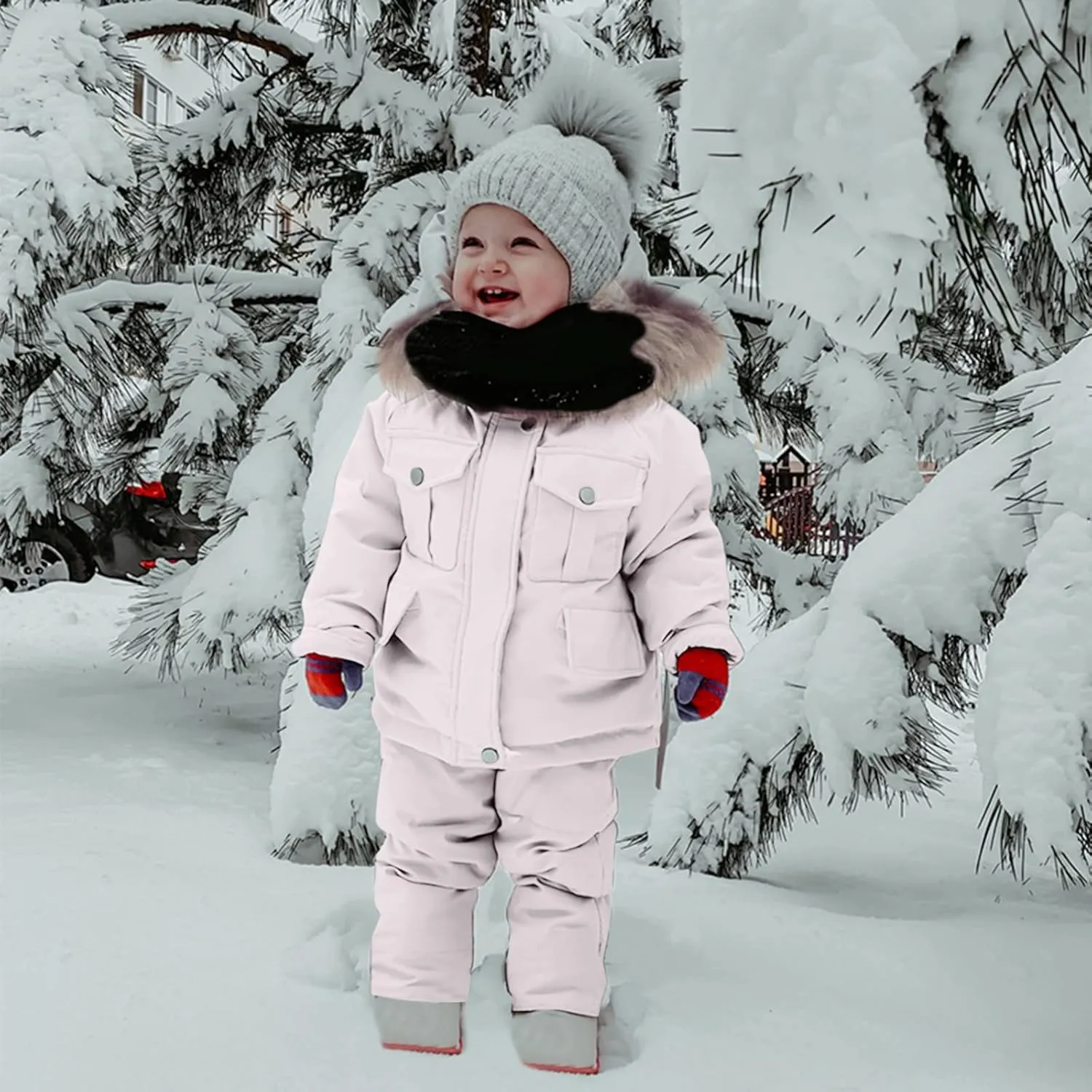 Toddler Girls Boys Winter Thick Warm Hooded Puffer Down Jacket Coat Paraks Jumpsuit Two Piece Snowsuit Ski Pants Set