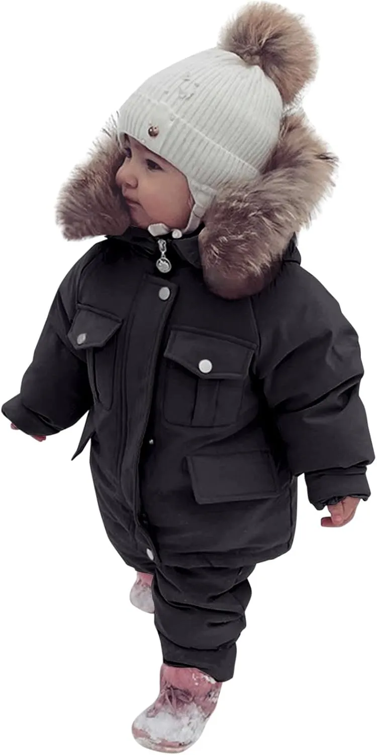 Toddler Girls Boys Winter Thick Warm Hooded Puffer Down Jacket Coat Paraks Jumpsuit Two Piece Snowsuit Ski Pants Set