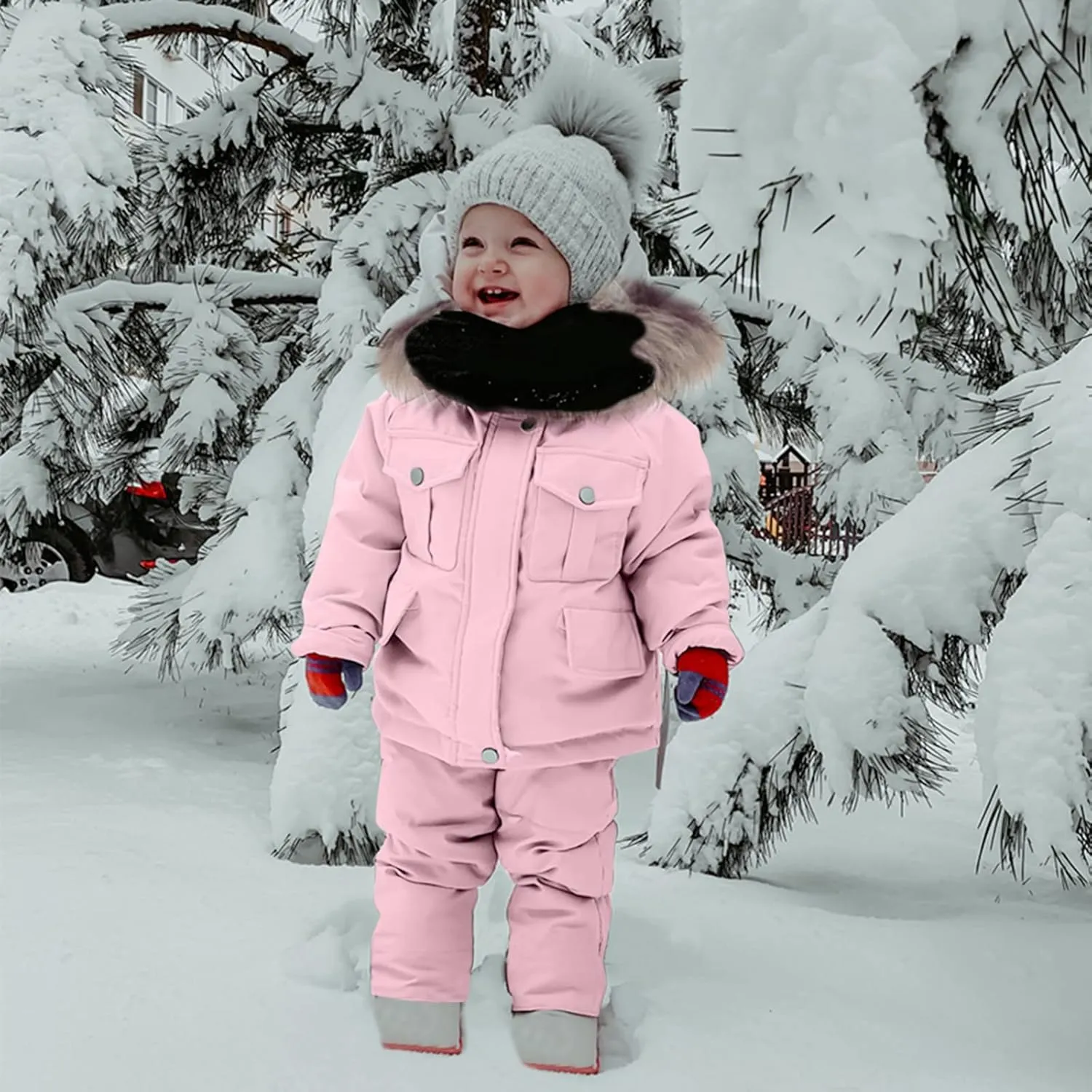 Toddler Girls Boys Winter Thick Warm Hooded Puffer Down Jacket Coat Paraks Jumpsuit Two Piece Snowsuit Ski Pants Set