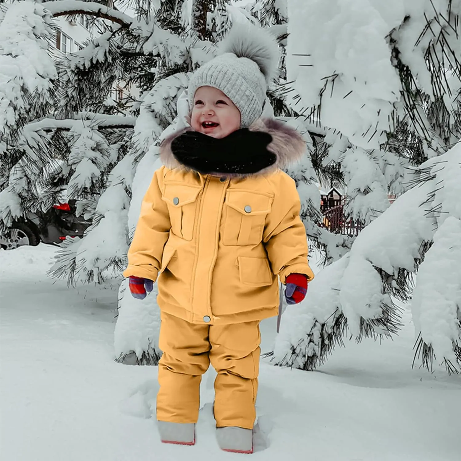 Toddler Girls Boys Winter Thick Warm Hooded Puffer Down Jacket Coat Paraks Jumpsuit Two Piece Snowsuit Ski Pants Set