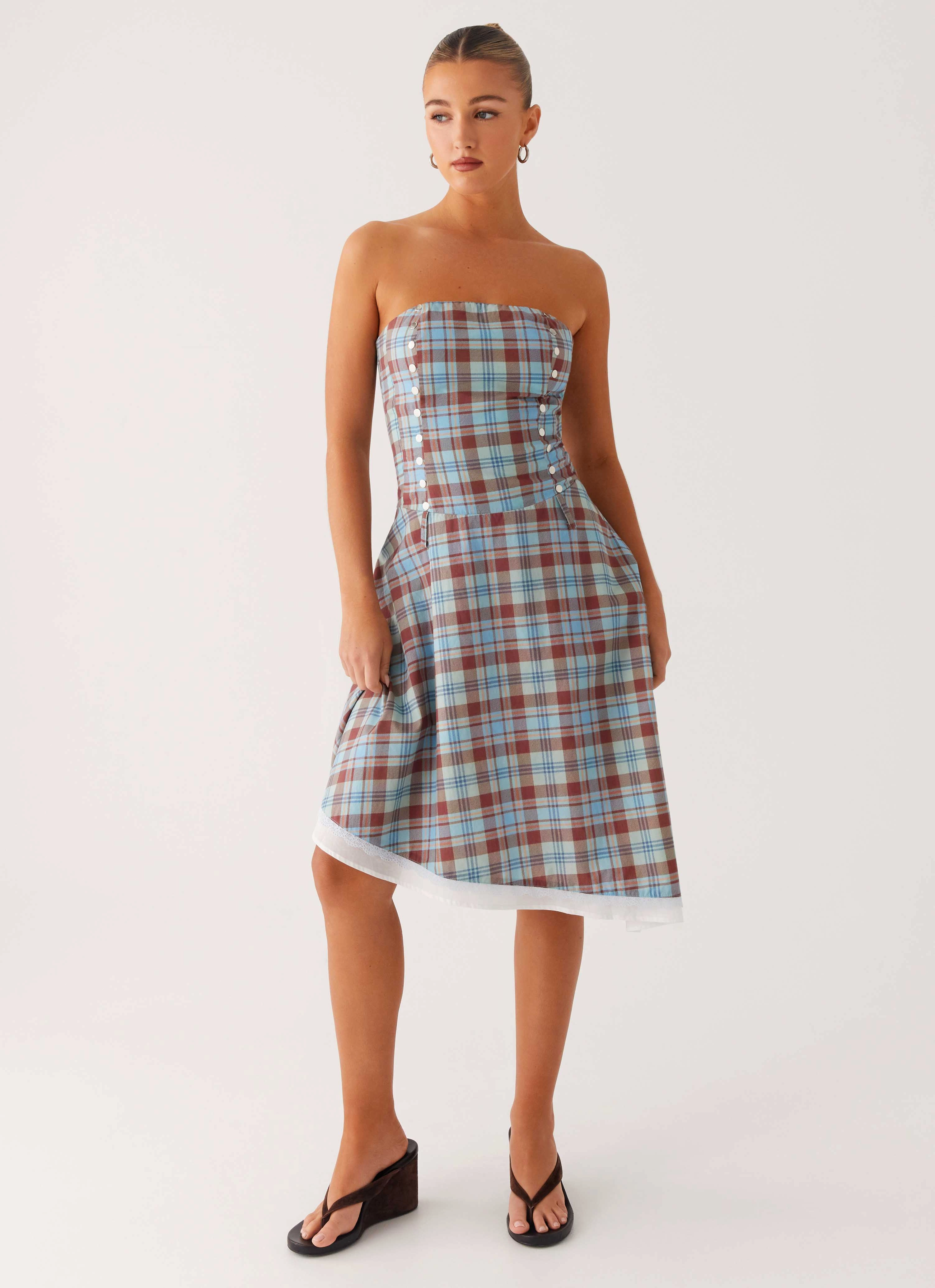Modern Layers Tonie Strapless Midi Dress - Shoreline Check