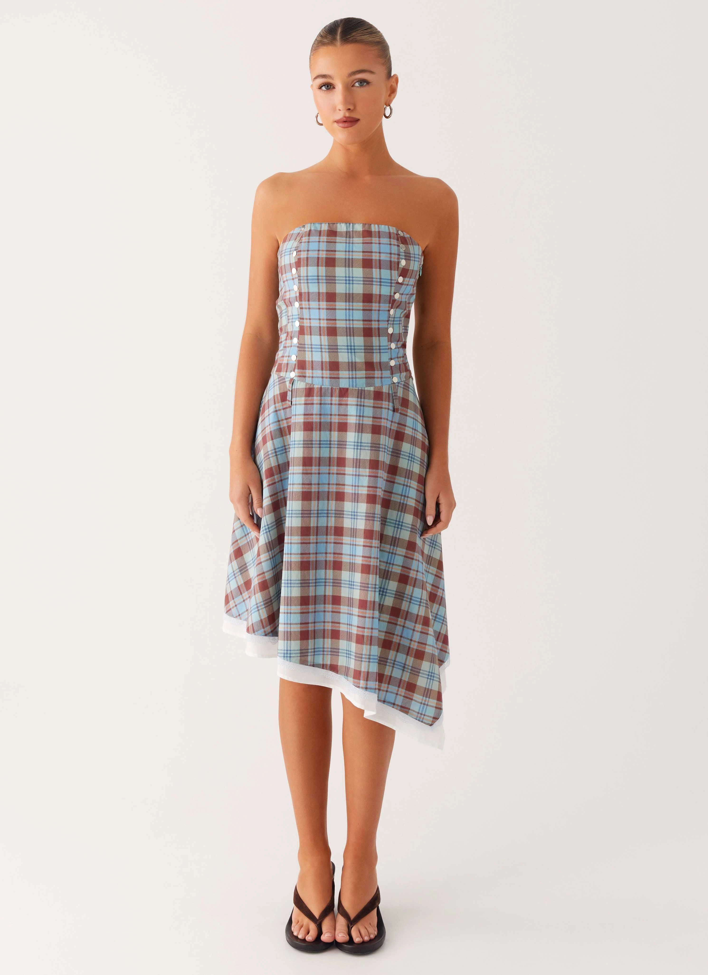 Tonie Strapless Midi Dress - Shoreline Check Contemporary Design Sophisticated Comfort