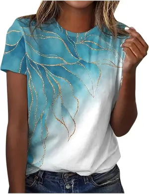 Tops for Women Trendy Casual Round Neck Short Sleeve Top Floral Print Tees Vintage Shirt Loose Lightweight Blouses