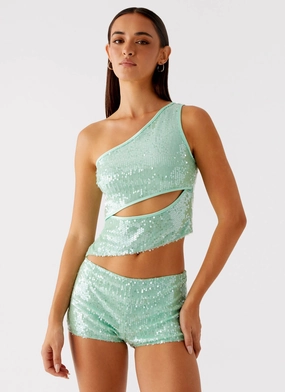 Travis Sequin Top - Sage Fashionable Touch Ethical production Sustainable Material Blend Travis Sequin Top - Sage